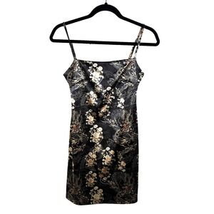 Urban Outfitters UO Dragon Print Sateen Twill Mini Slip Dress Black Floral